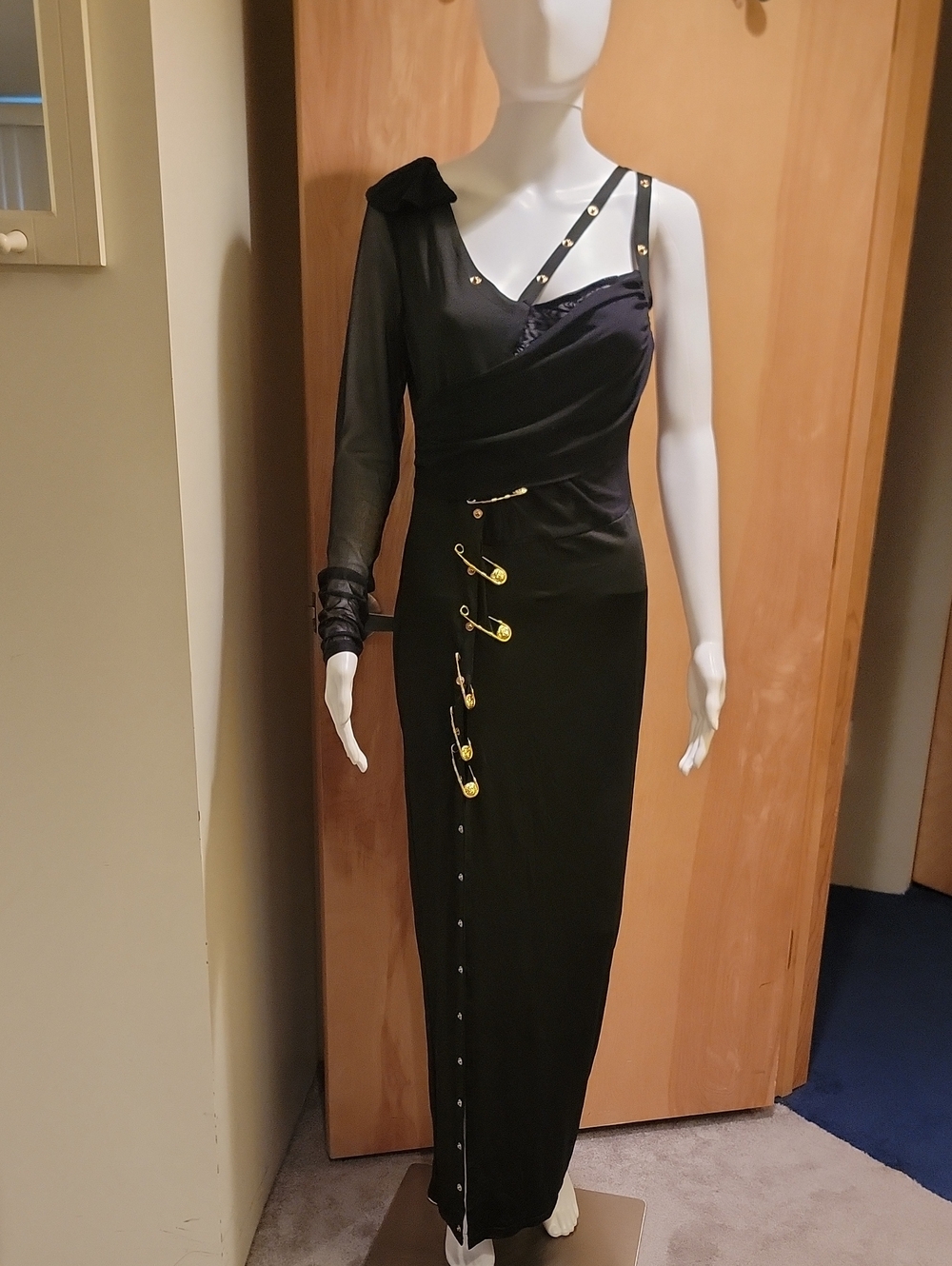 Asymmetric Black One-Shoulder Dress with Gold Pin Detailing